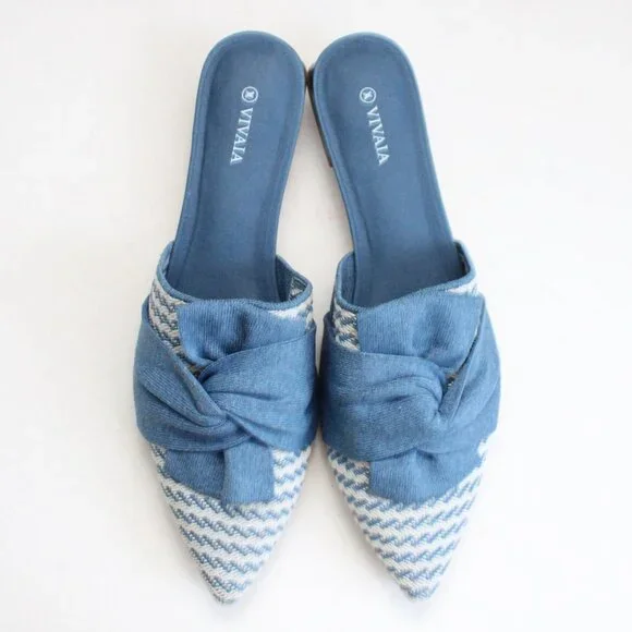 Vivaia Blue Denim White Pointed-Toe Knot Sandals Heel Mules (Yaffa Pro) Size 11 - Picture 6 of 10